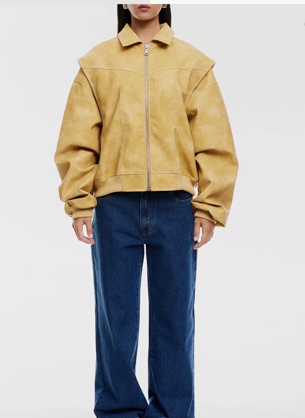 Lioness Women Yellow Oversized slouchy Vegan Leather Bomber Jacket Sz. Lrg